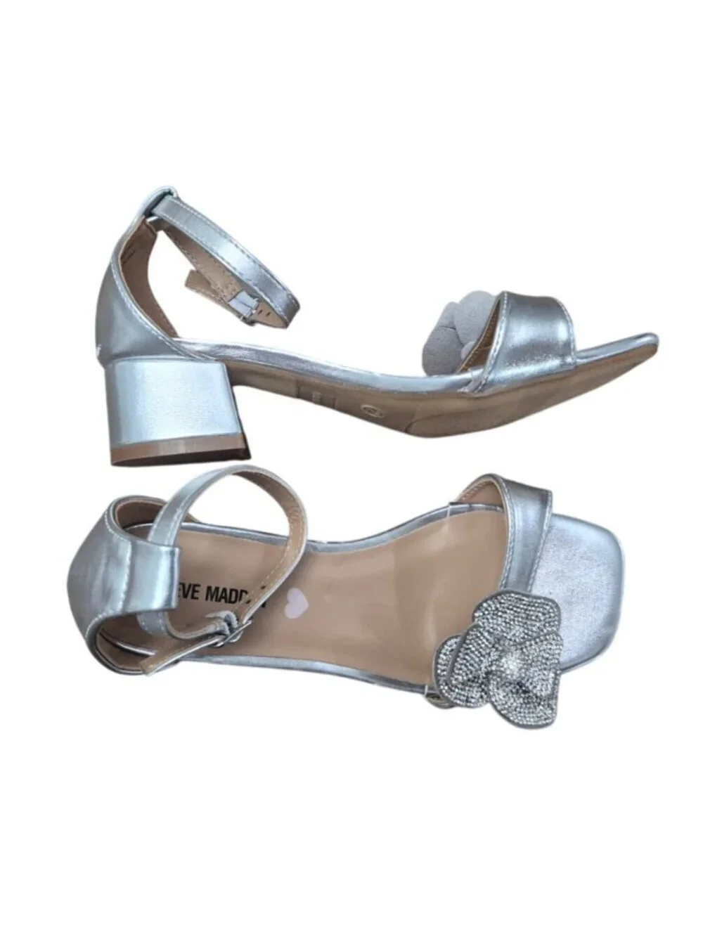 Steve Madden Silver Rhinestone Bow Dress Sandals Block Heel Ankle Strap (2).